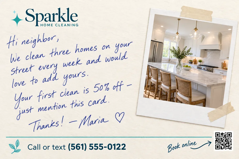 House cleaning postcard front, Handwritten note style