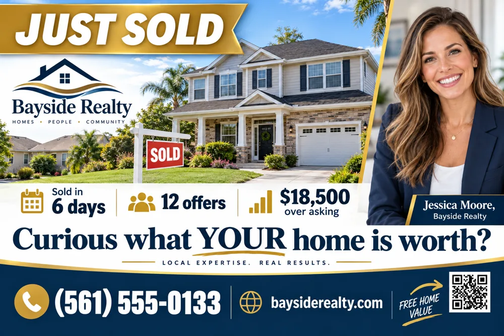 Real estate postcard front, Just Sold style
